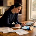 Woman planning finances at cluttered table
