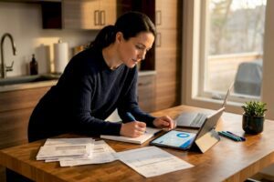 Woman planning finances at cluttered table