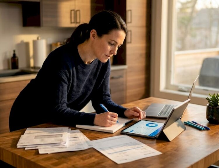 Woman planning finances at cluttered table