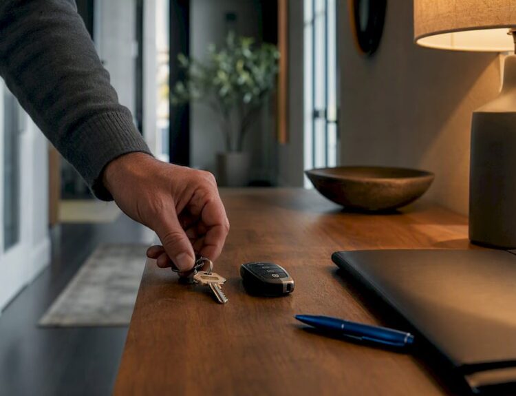 Keys and insurance folder in entryway