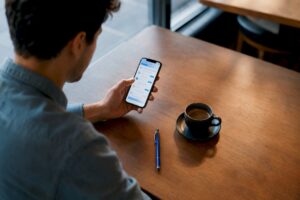 Adult logging a daily expense at café table
