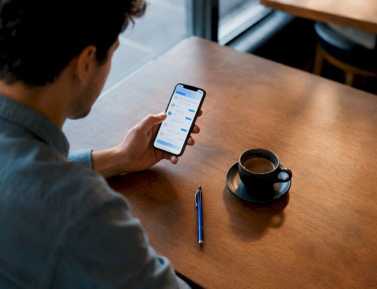 Adult logging a daily expense at café table