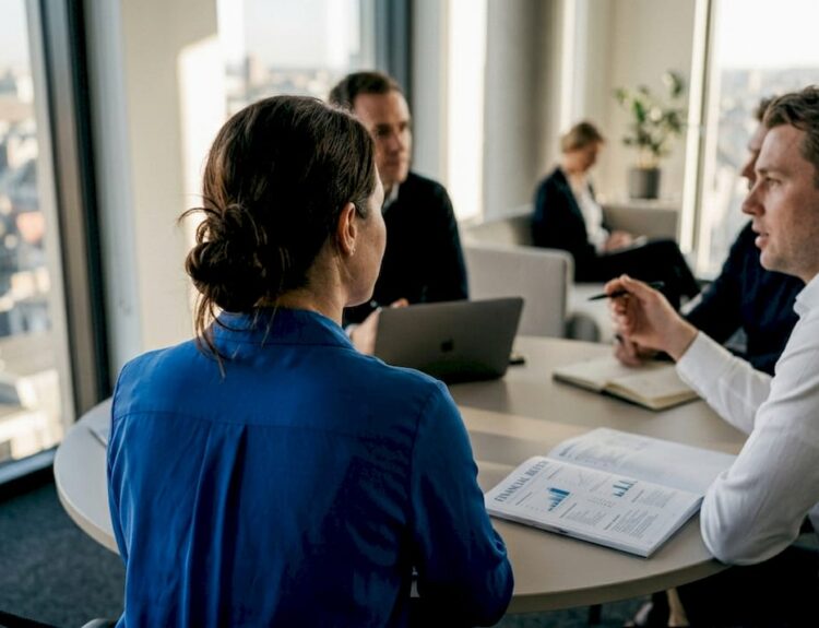 Team collaborating in corner office meeting