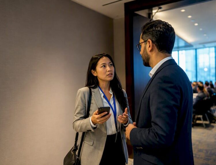 Professionals talking after a conference session