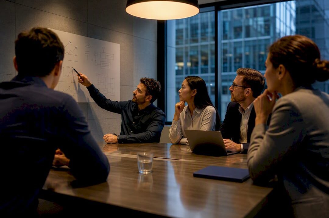 Professionals evaluating options in structured meeting