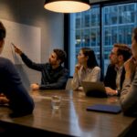 Professionals evaluating options in structured meeting