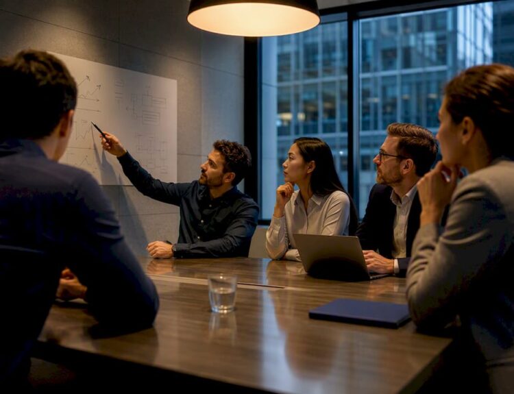 Professionals evaluating options in structured meeting