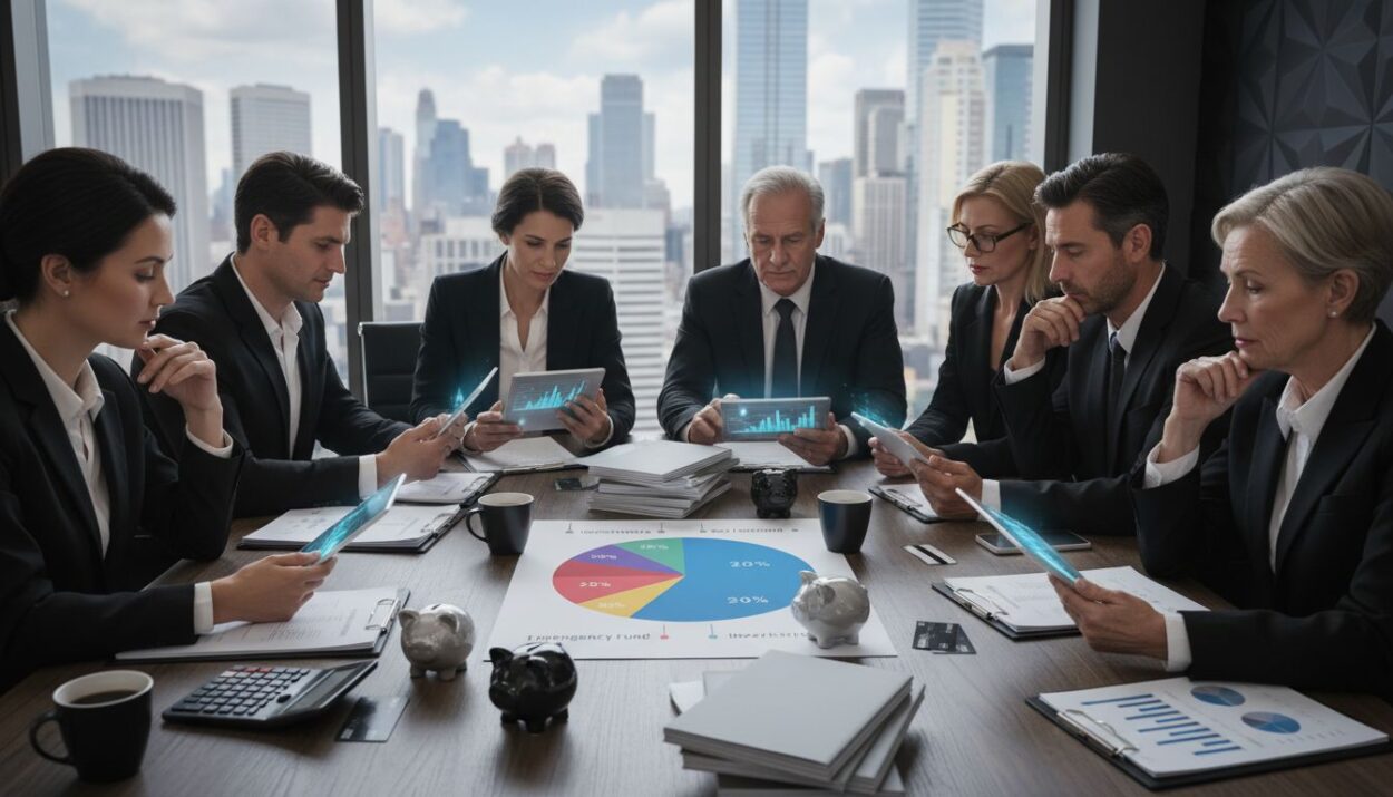 Investors collaborating on money saving strategies