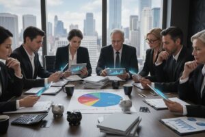 Investors collaborating on money saving strategies