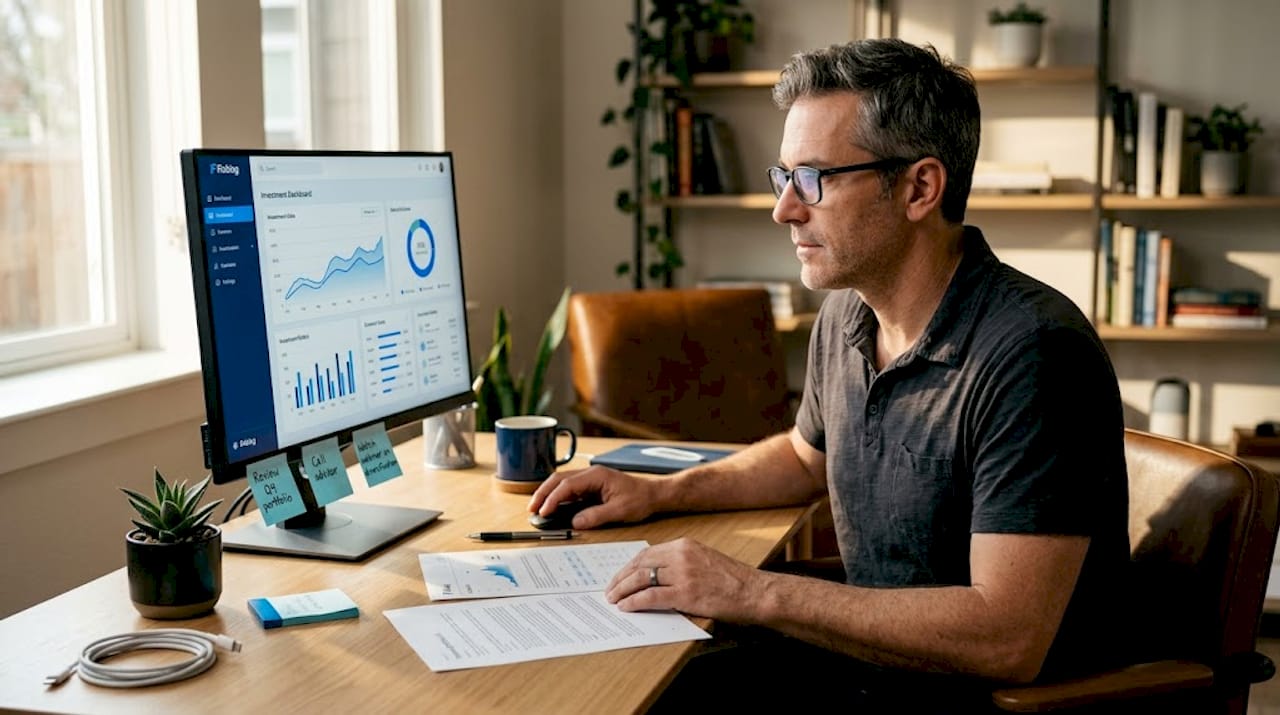 Man automating investments in home office